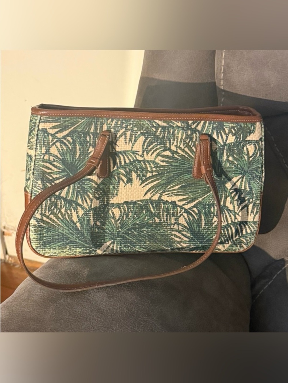 Liz Claiborne Green Palm-Print Tote with Brown Trim